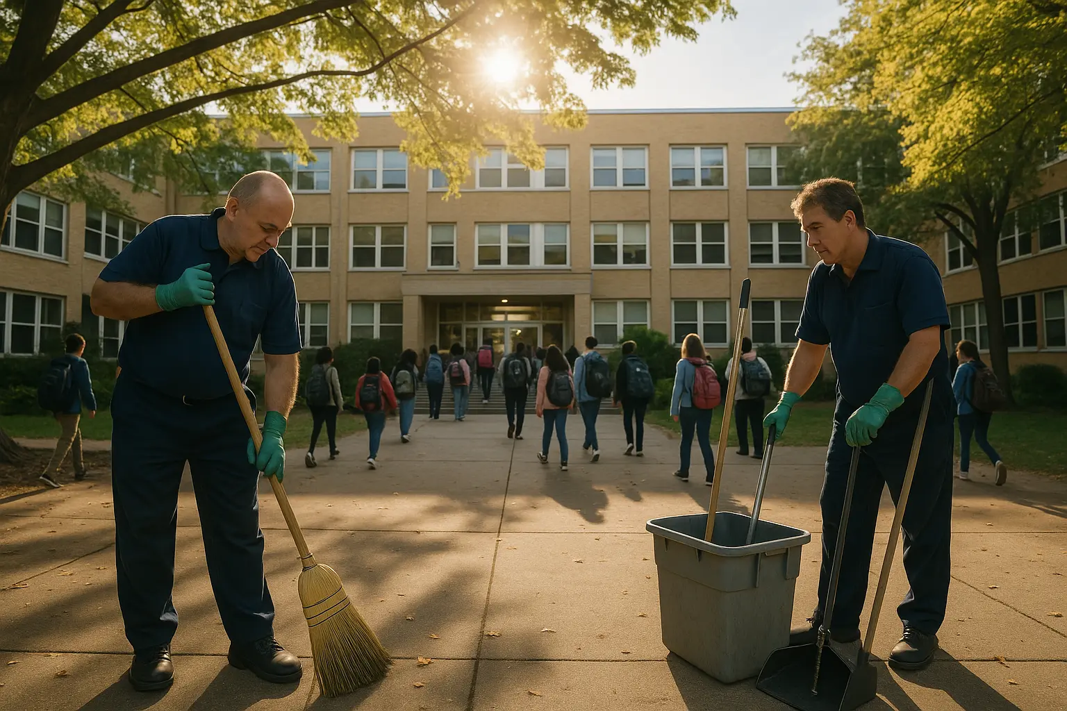 collaboratori scolastici al lavoro nel cortile della scuola