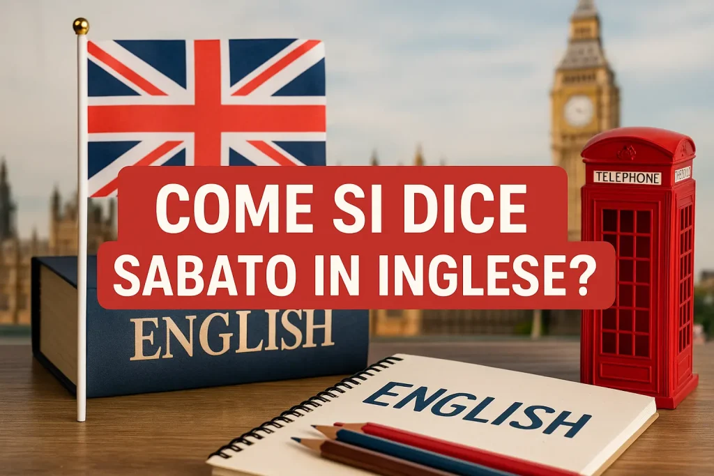 elementi caratteristici del mondo inglese e la scritta Come si dice sabato in inglese?