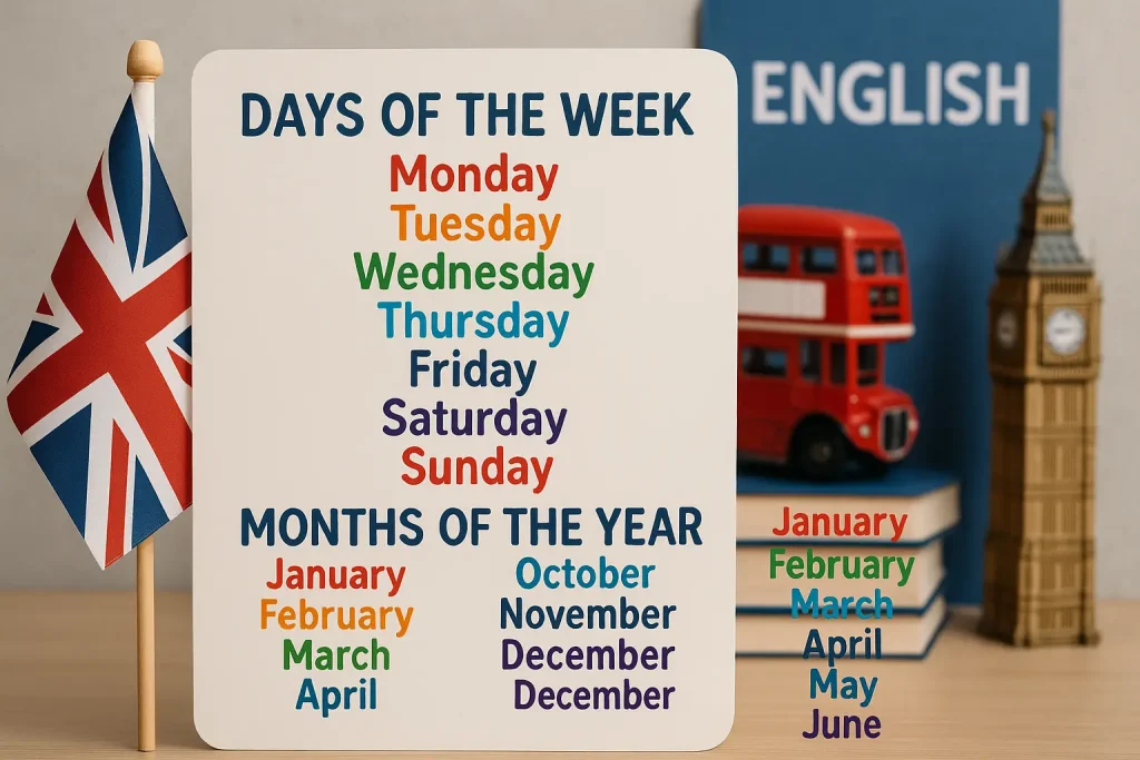 i giorni della settimana e dei mesi in inglese, con sullo sfondo elementi tipi inglesi