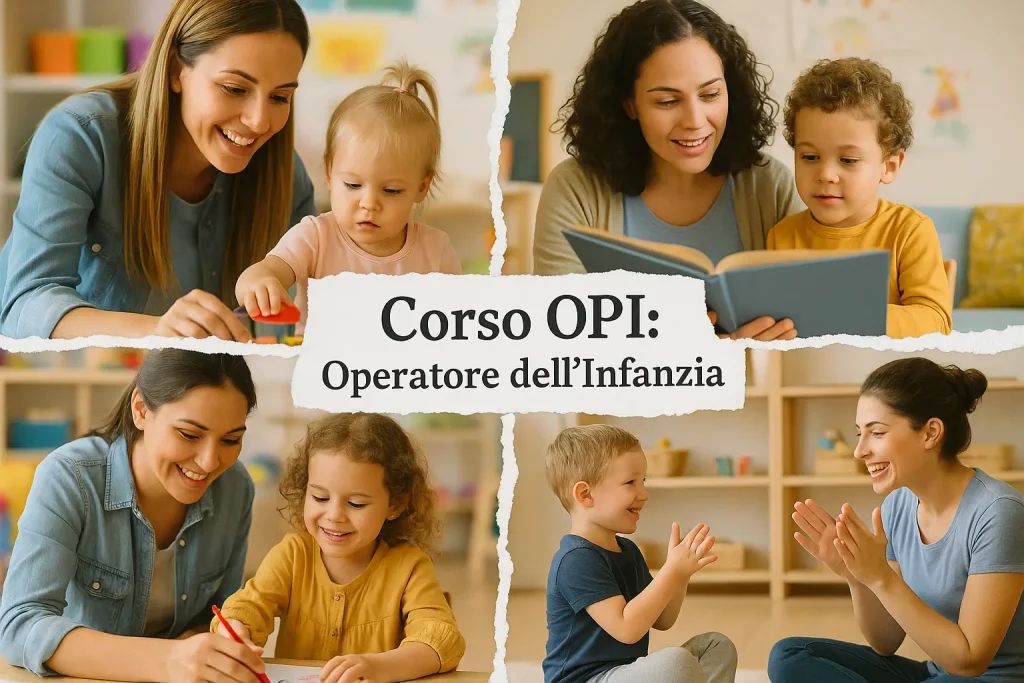 Foto divisa in 4 con 4 Assistenti dell'infanzia che assistono dei bambini e la scritta Corso OPI: Operatore dell'Infanzia