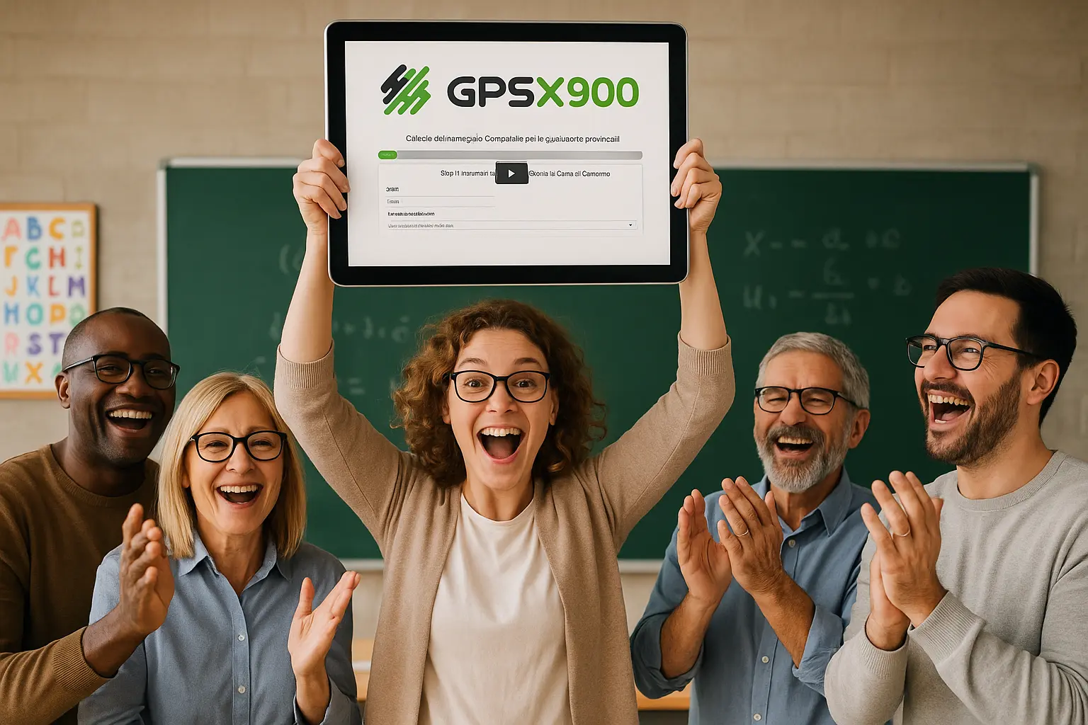 alcuni docenti esultano, battono le mani e portano in trionfo il software GPSX900