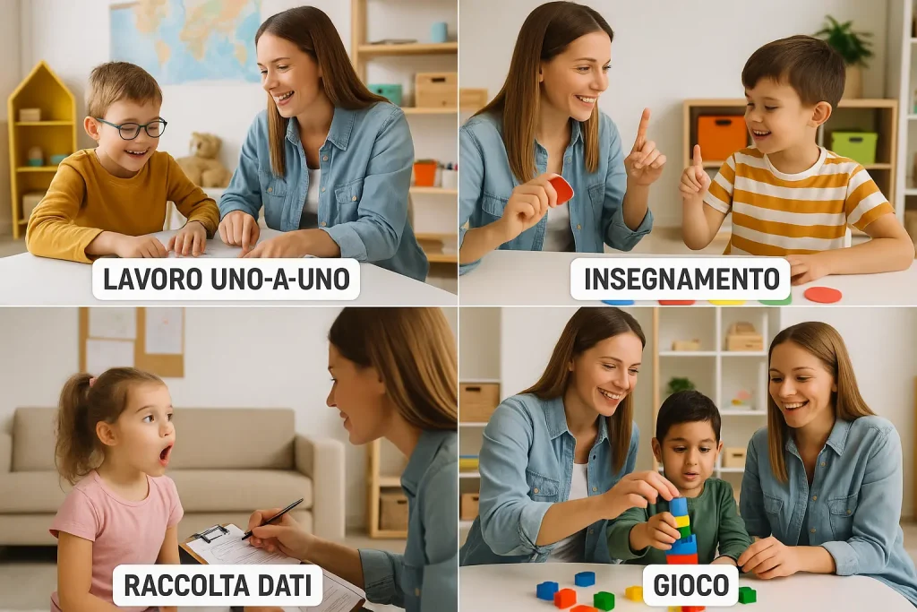 Foto divisa in 4 con diversi compiti del tecnico ABA con un alunno