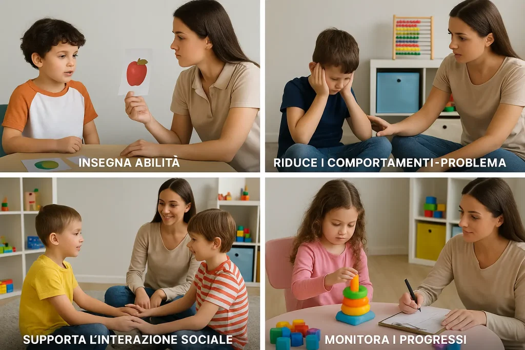 Foto divisa in 4 con una docente che aiuta dei bambini