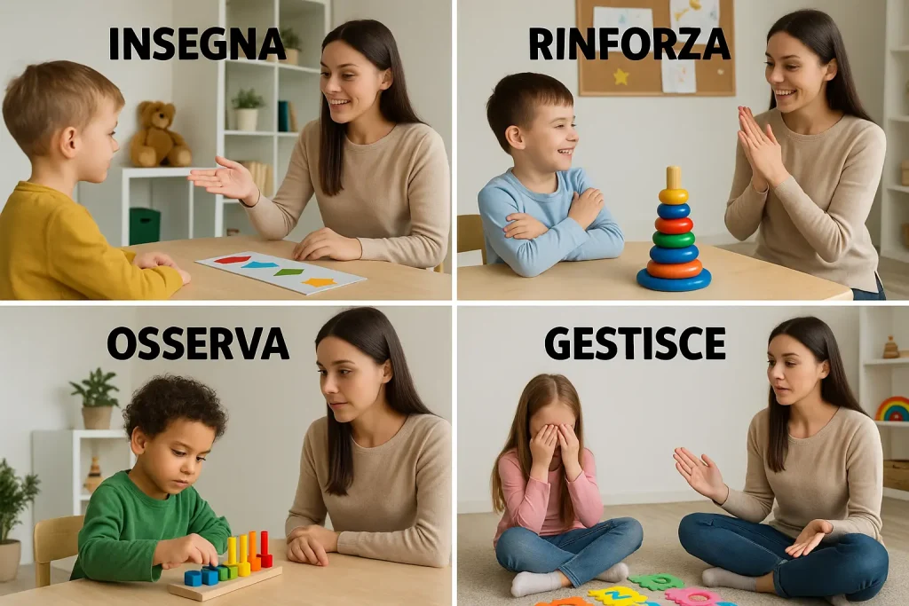 Foto divisa in 4 con docente che assiste dei bambini