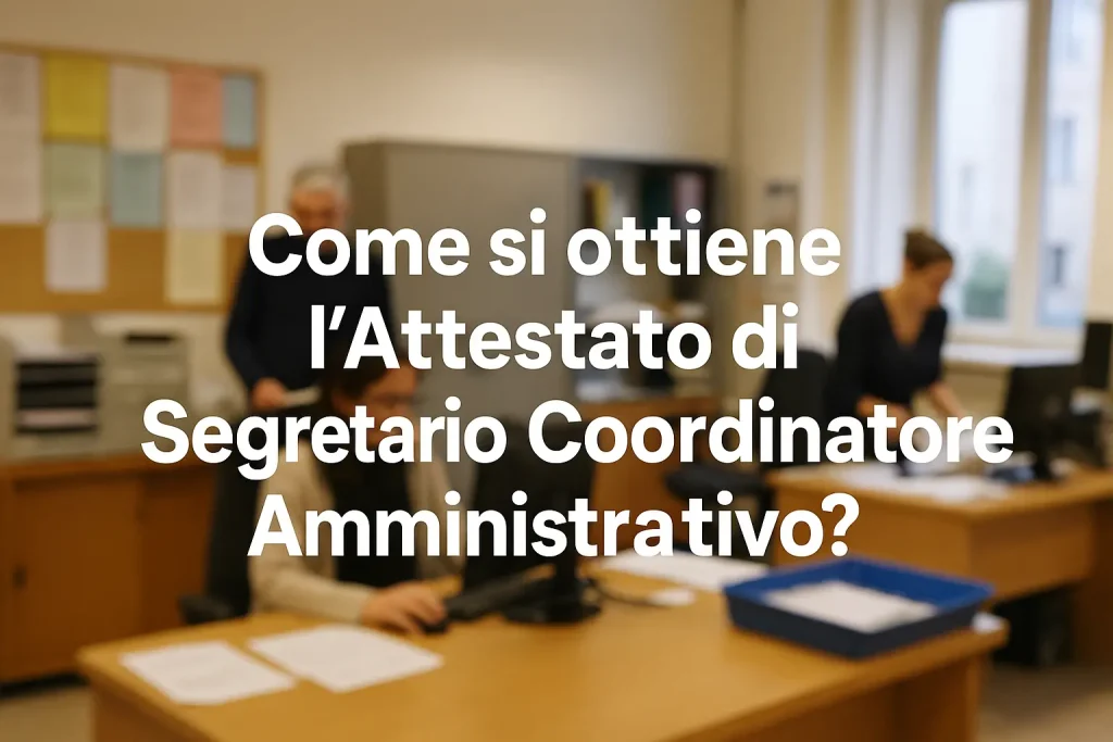 Sipendenti al lavoro nella Segreteria scolastica e la scritta: "Come si ottiene l'Attestato di Segretario Coordinatore Amministrativo?"