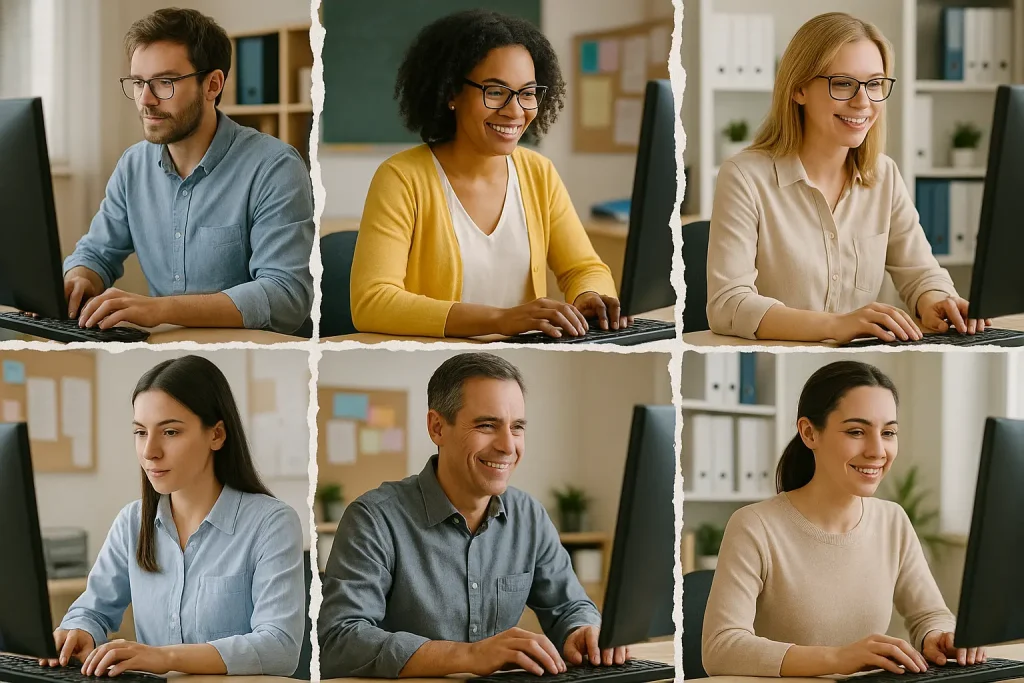 Foto divisa in 6 parti con personale ATA al lavoro al pc in una segreteria scolastica