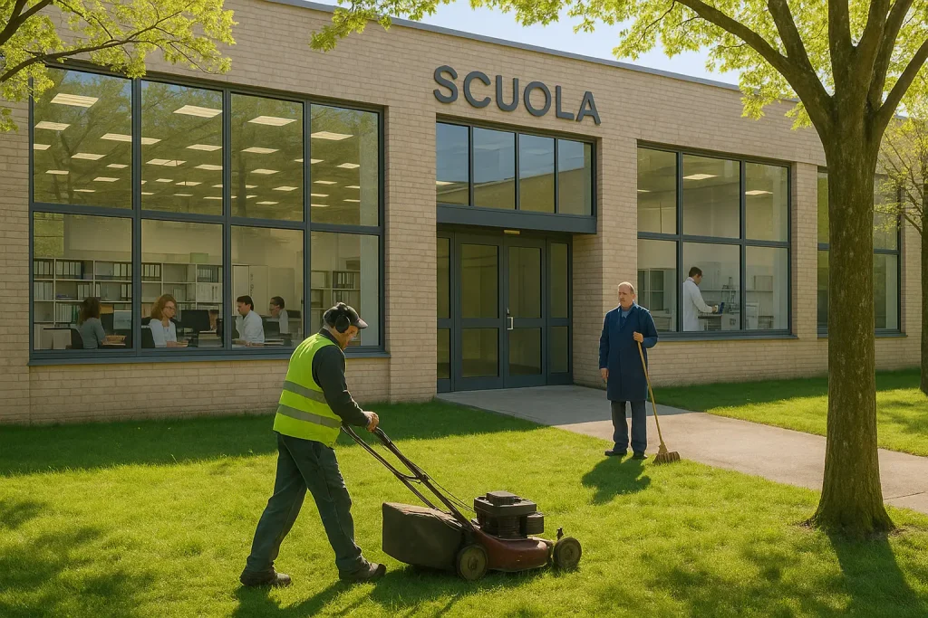 Edificio scolastico con Personale ATA al lavoro