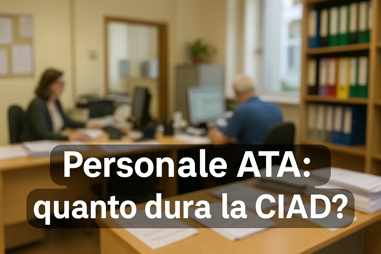 segreteria scolastica con personale ATA al lavoro e in primo piano la scritta "Personale ATA: quanto dura la CIAD?"