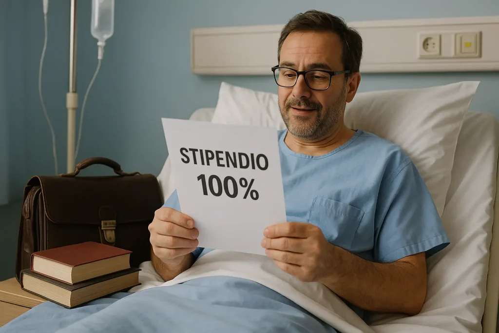 docente in ospedale legge la busta paga con stipendio al 100%