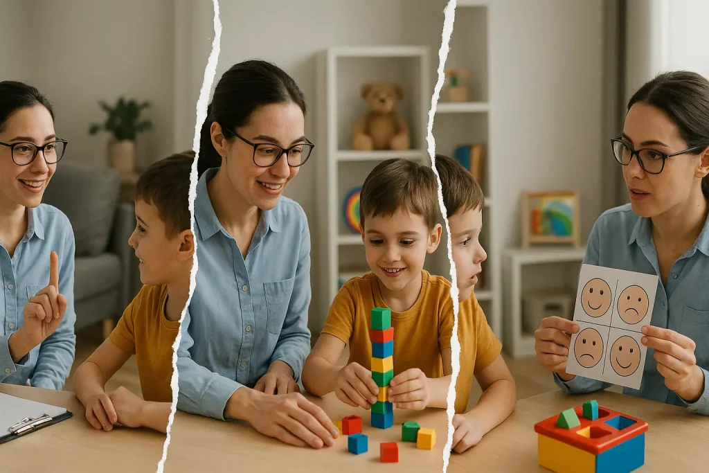 foto divisa in tre parti, con ABA che assiste un alunno