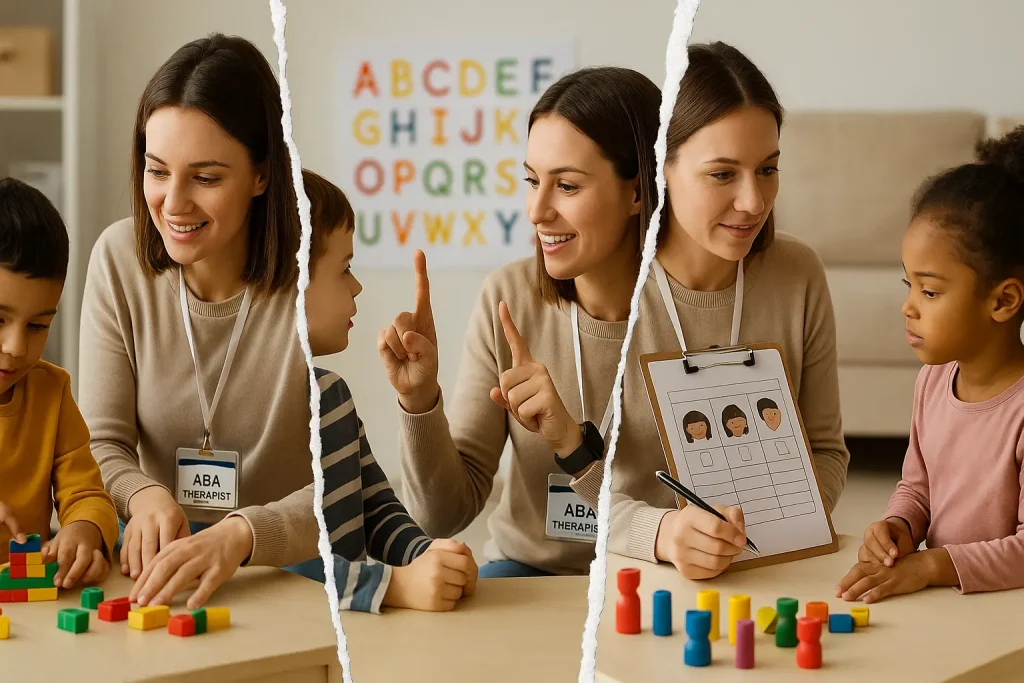 foto divisa in tre parti, con ABA che assiste un alunno