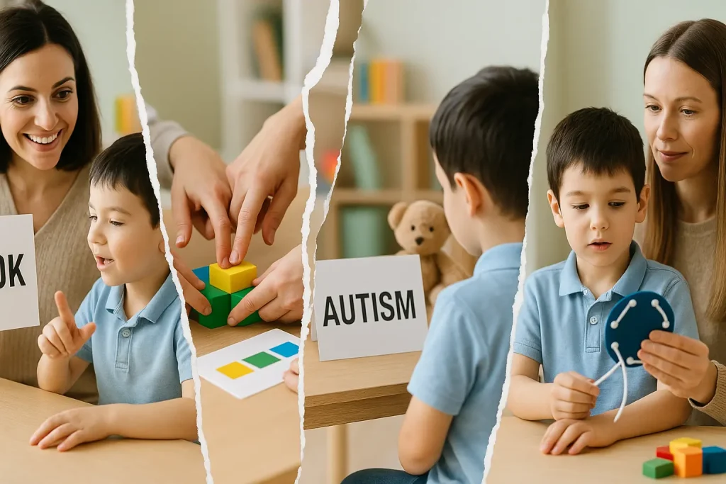 foto divisa in 4 parti con bambino affetto da autismo