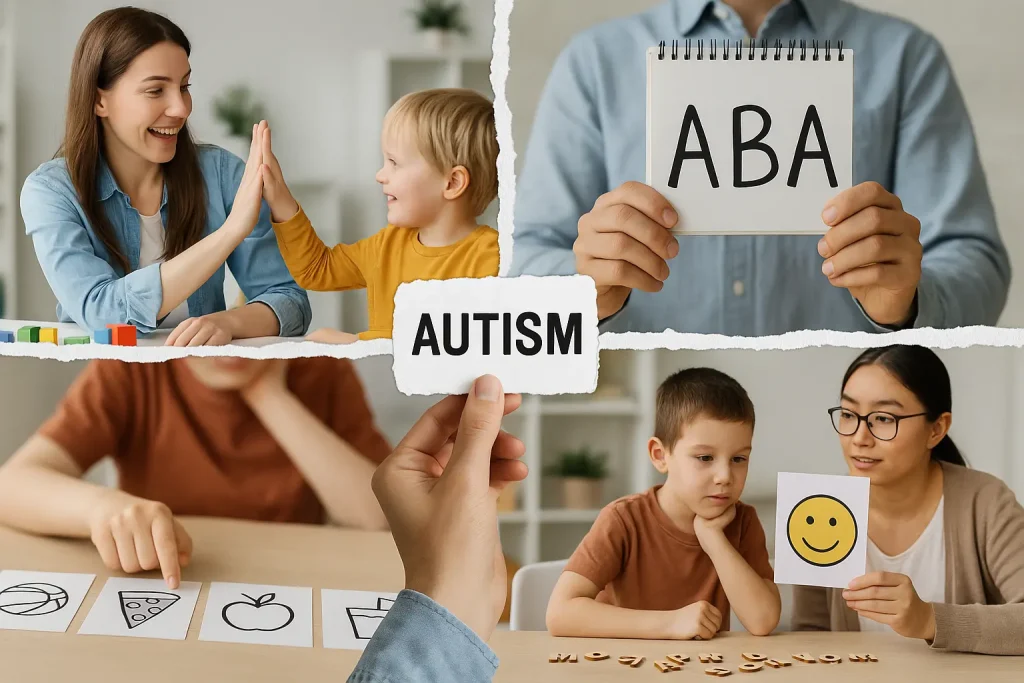 foto divisa in 4 parti con bambini autistici seguiti da tecnico ABA
