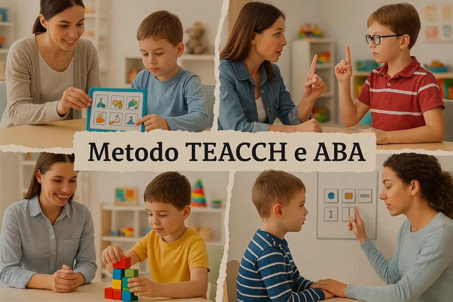 La scritta "Metodo TEACCH e ABA" e 4 diverse situazioni di applicazione