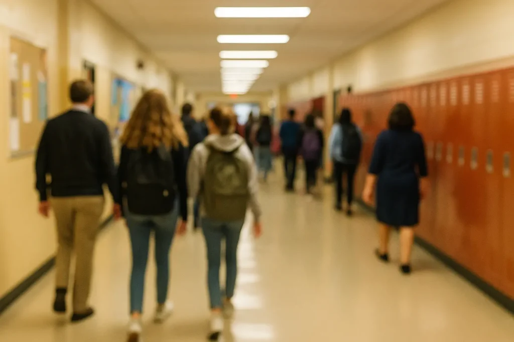 corridoio scolastico sfocato percorso da docenti e studenti