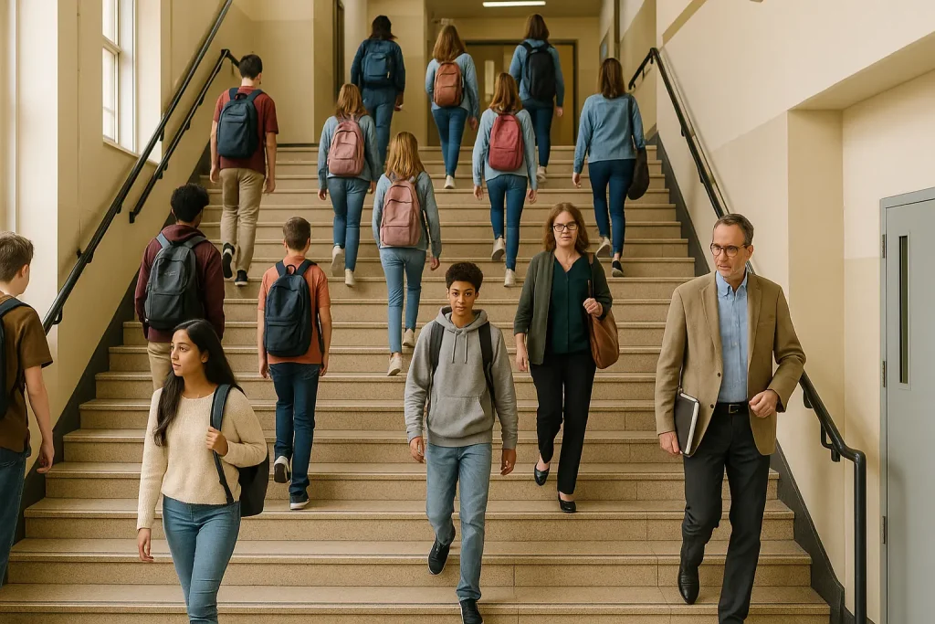 docenti e studenti sulla scala che conduce al primo piano