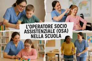 Operatore Socio Assistenziale (OSA) in 4 diverse situazioni di lavoro nel mondo della scuola, con in primo piano la scritta "L'Operatore Socio Assistenziale (OSA) nella Scuola"