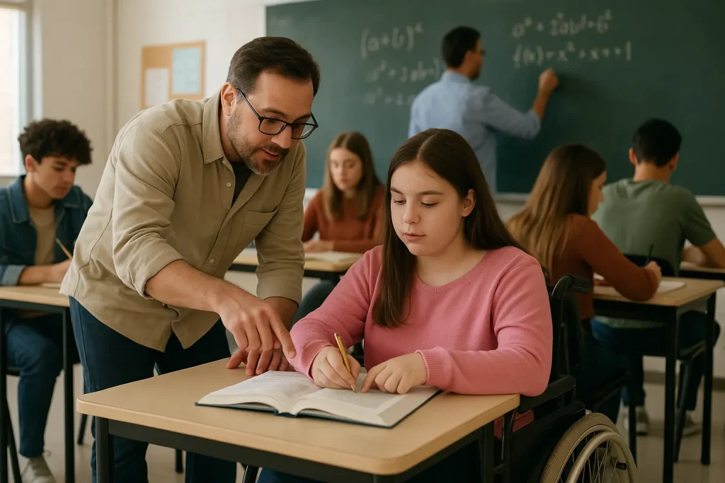 docente di sostegno fornisce supporto ad un'alunna con disabilità