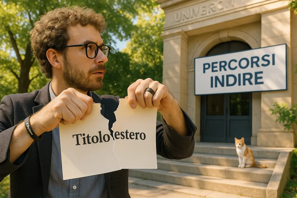 docente strappa titolo estero davanti ad un edificio con la scritta Percorsi Indire