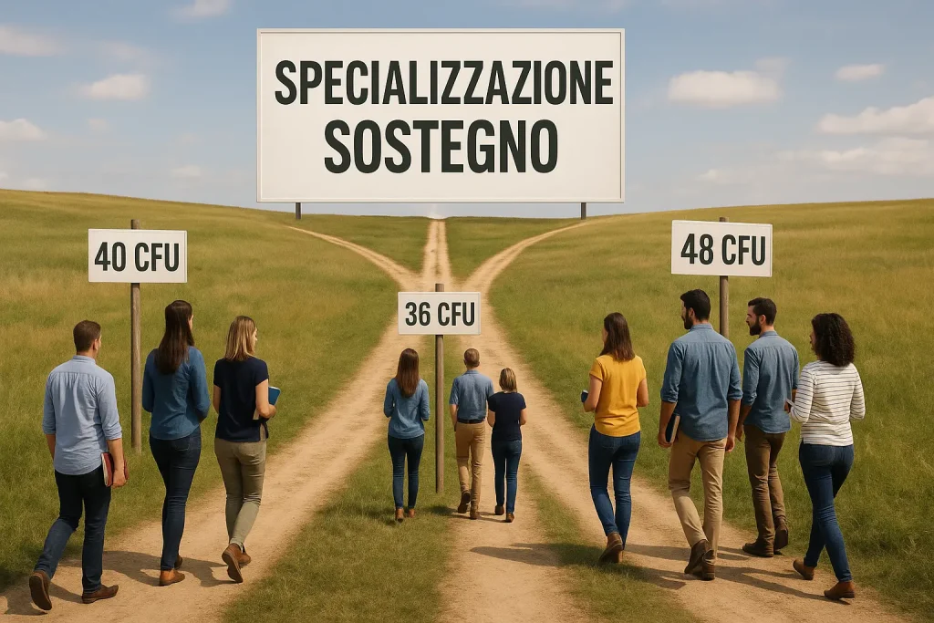 docenti percorrono tre diversi sentieri con le insegne 36 CFU, 40 CFU e 48 CFU verso la specializzazione sul sostegno