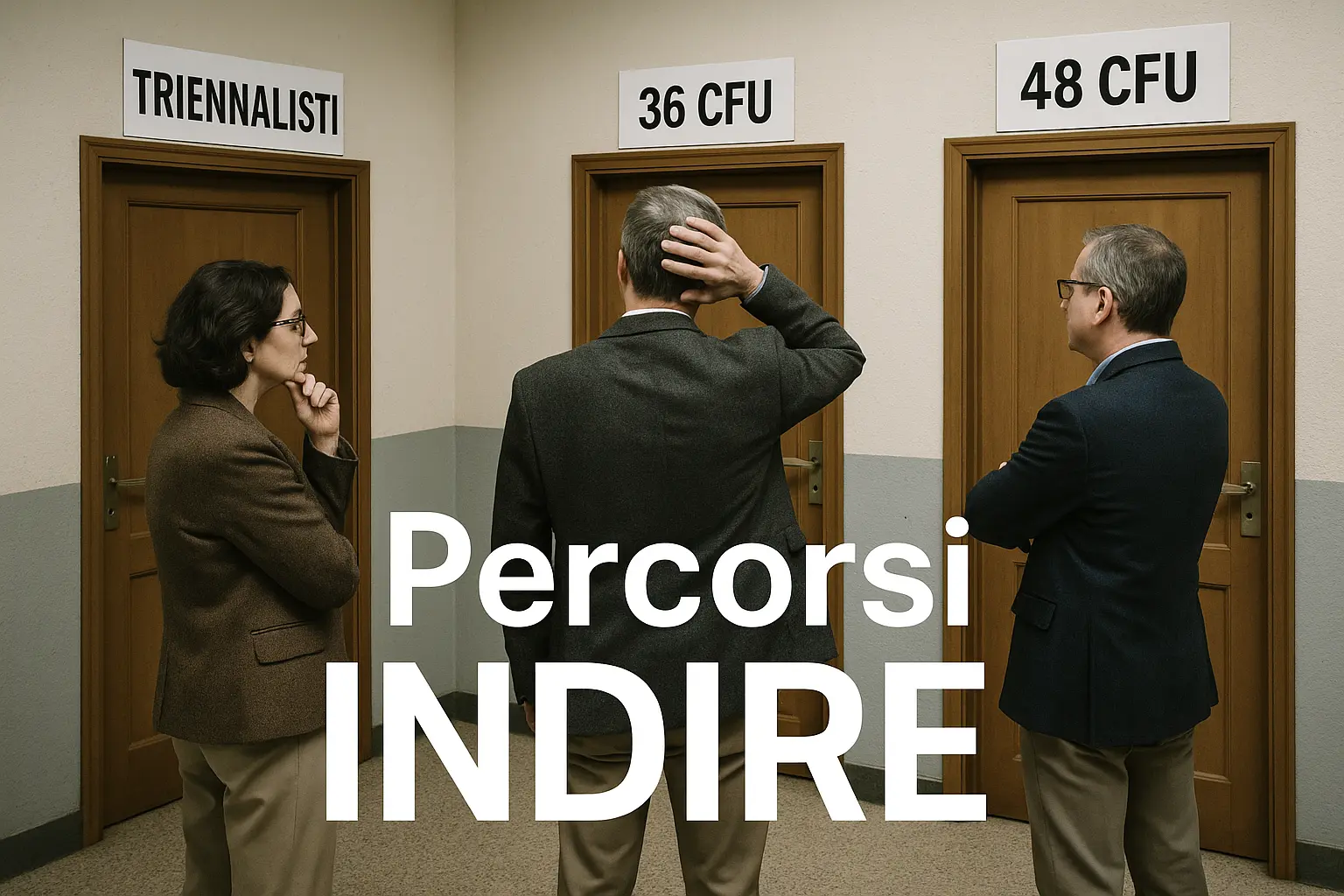 Tre docenti davanti a tre porte con le scritte 40 CFU, 36 CFU e 48 CFU e in evidenza la scritta Percorsi Indire