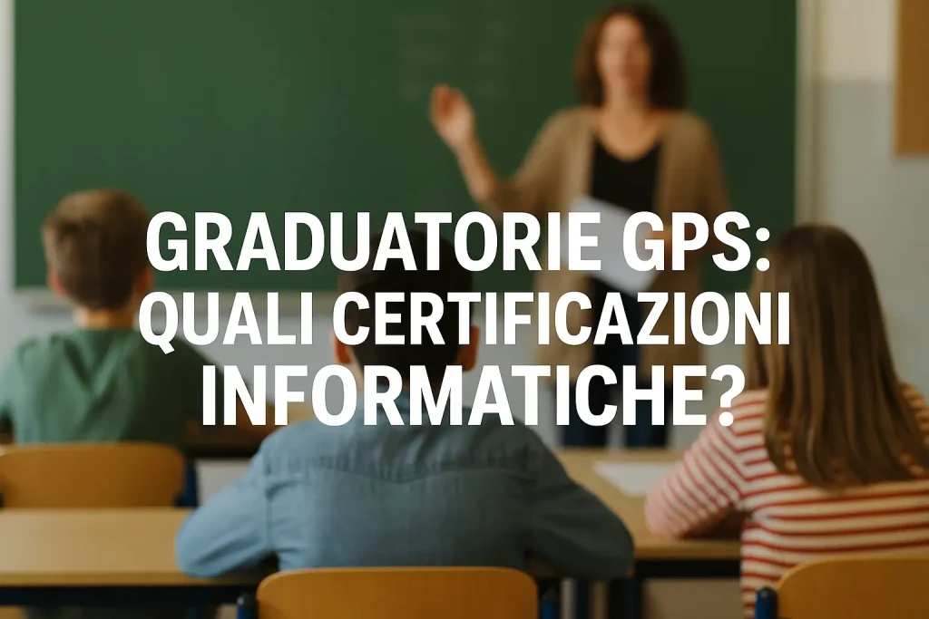 Docente in classe durante la lezione e la scritta "Graduatorie GPS: quali certificazioni informatiche"