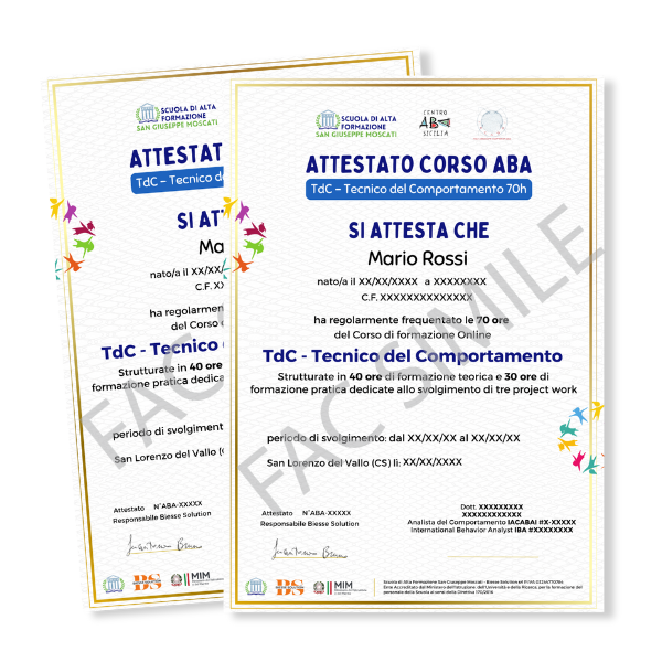 Attestato di partecipazione al corso di Tecnico del Comportamento (ABA) di Mario Rossi, rilasciato da Scuola Moscati