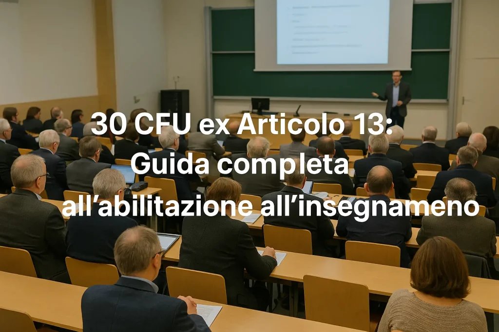 aula universitaria piena di docenti durante una lezione e in primo piano la scritta: "30 CFU ex Articolo 13: Guida completa all’abilitazione all’insegnamento"