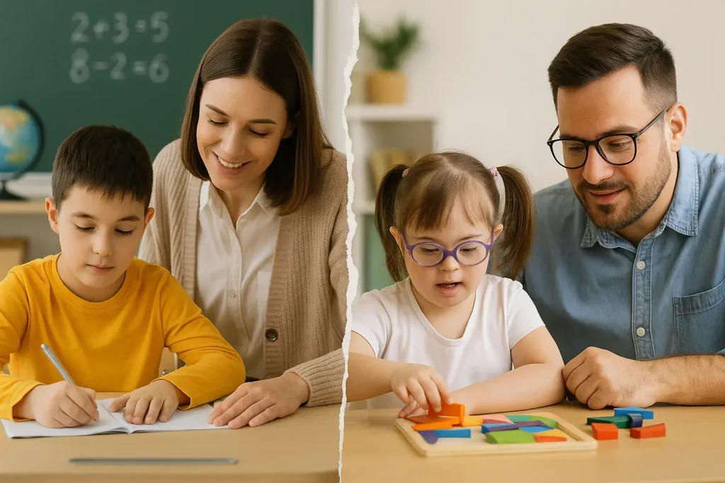 foto divisa in 2 parti con 2 diverse scene di insegnanti di sostegno con un alunno