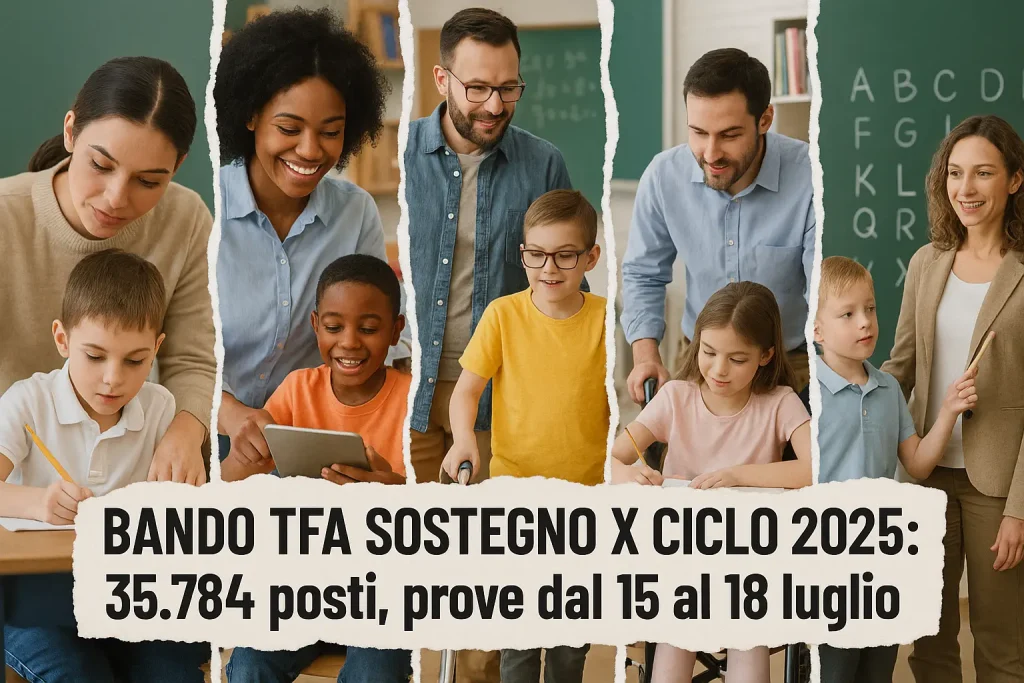 foto divisa in 5 parti con 5 diverse scene inerenti gli insegnanti di sostegno. E in primo piano la scritta "Bando TFA Sostegno X Ciclo 2025: 35.784 posti, prove dal 15 al 18 luglio"