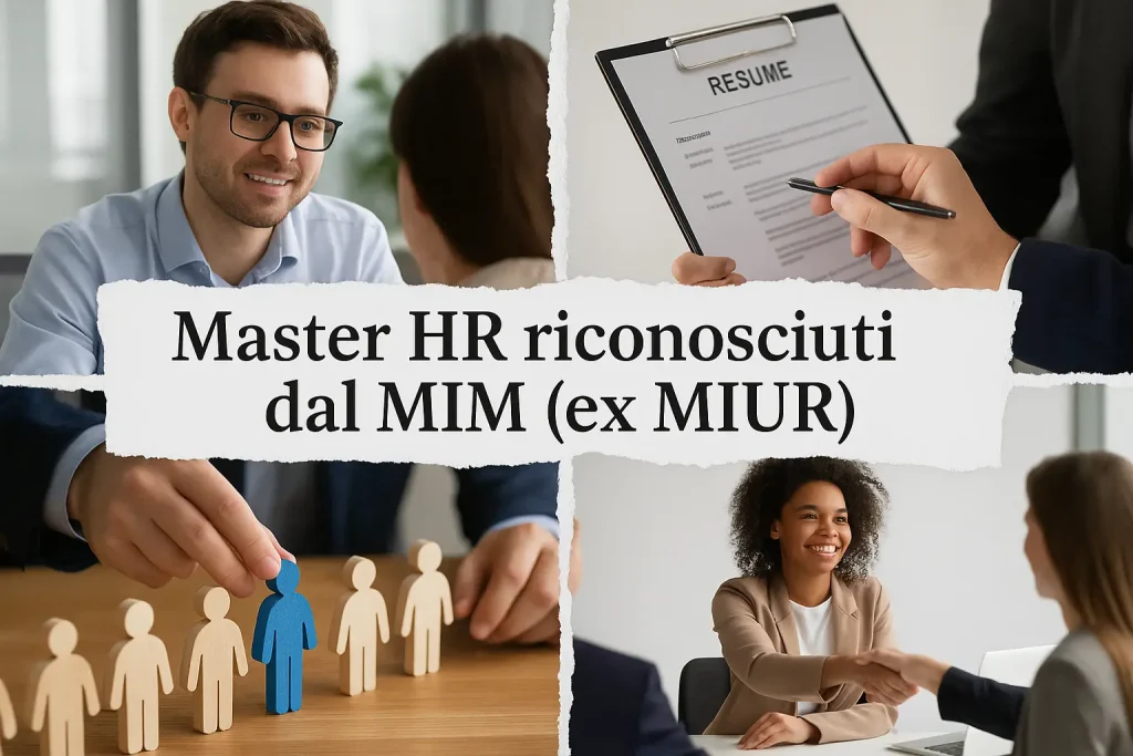 foto divisa in 4 parti come un foglio strappato con la scritta "Master HR riconosciuti dal MIM (ex MIUR)" in primo piano e con 4 scene che richiamano l'argomento