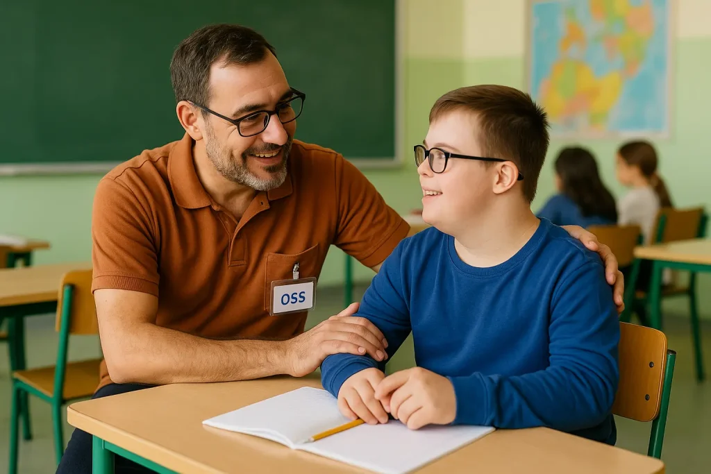 Un collaboratore scolastico in una scuola italiana, impegnato nell'assistenza a studenti con bisogni speciali. La scena mostra il collaboratore che interagisce con un alunno in un'aula scolastica, mettendo in pratica le competenze acquisite durante il corso OSS.