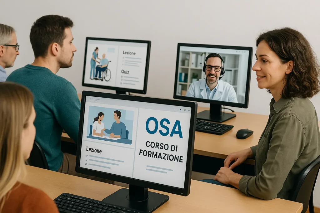 Un gruppo di studenti adulti, seduti davanti a computer, partecipa a un corso di formazione online per ottenere la qualifica di OSA (Operatore Socio-Assistenziale). Gli schermi mostrano lezioni interattive e materiale didattico, mentre il tutor in videoconferenza guida la sessione.