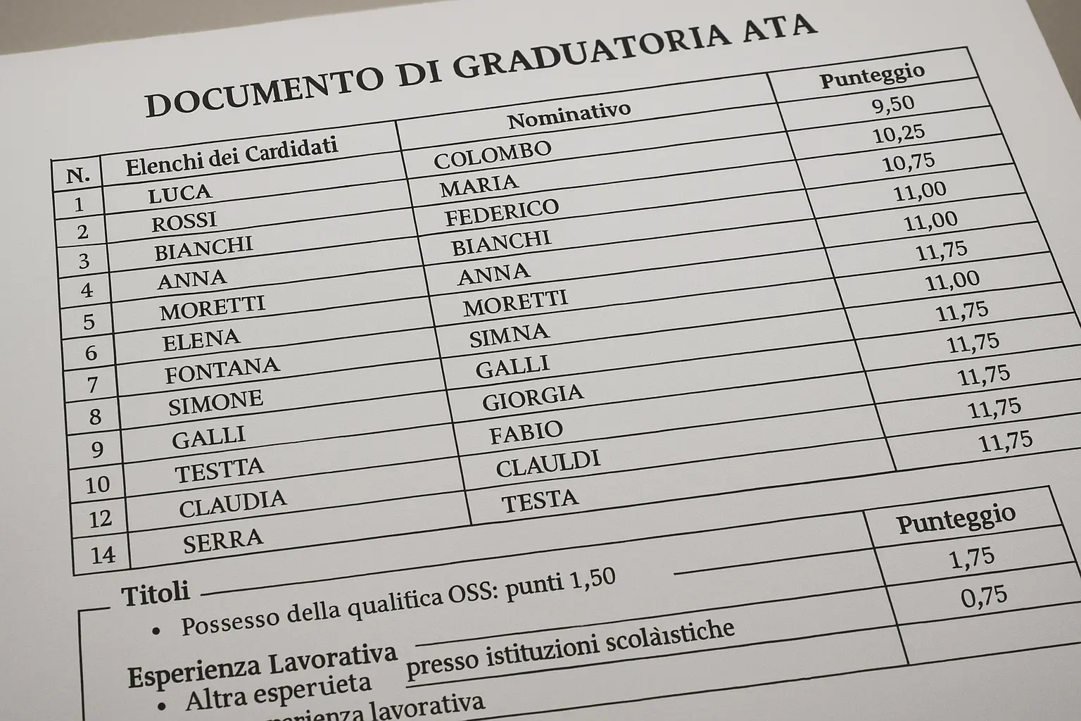 Un'immagine che mostra un documento di graduatoria ATA, con elenchi di candidati e i punteggi assegnati. Il documento evidenzia un punteggio aggiuntivo per chi ha la qualifica OSS, con dettagli visibili sulle sezioni dedicate a titoli e esperienza lavorativa.