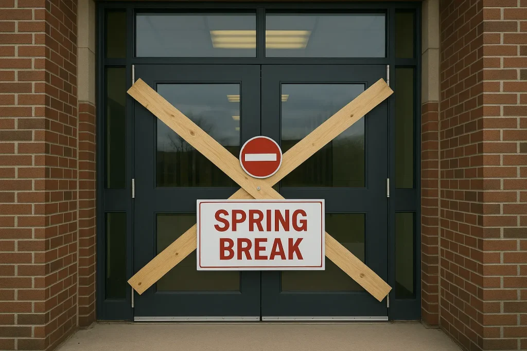 scuola sprangata e la scritta "Spring break"