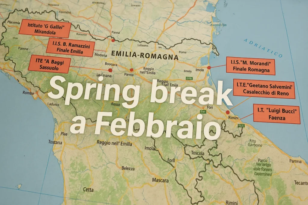 cartina feografica dell'Emilia-Romagna e la scritta "Spring bresk a Febbraio"