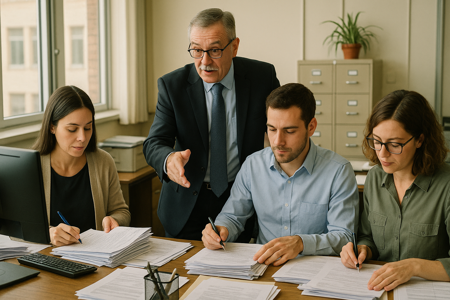 Un Segretario Coordinatore Amministrativo in un ufficio pubblico, mentre supervisiona un team di impiegati che lavorano a documenti e pratiche burocratiche. La scena mostra una scrivania con carte e computer, e il coordinatore fornisce indicazioni ai colleghi, evidenziando la gestione delle attività quotidiane.