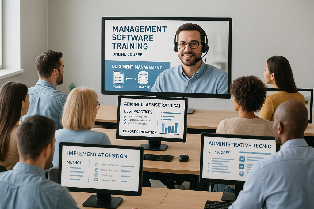 Un gruppo di adulti in un’aula virtuale, impegnato in una lezione online di formazione su software gestionali e tecniche di gestione amministrativa. Gli studenti sono davanti a computer, e sullo schermo del computer del docente vengono mostrate slide con informazioni pratiche sulla gestione documentale.