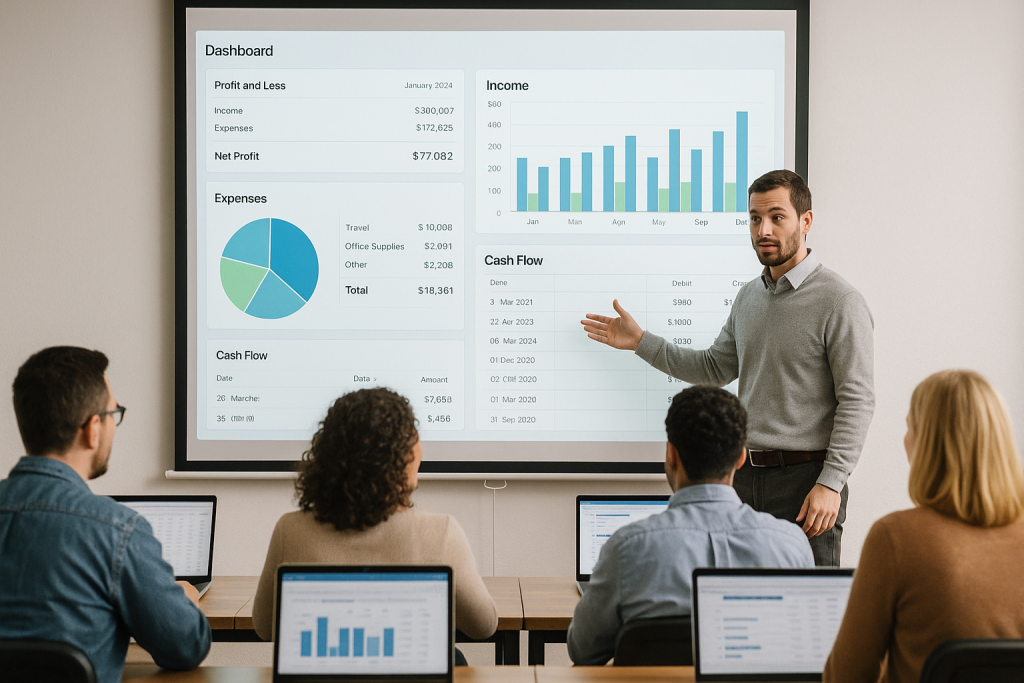 Un’aula di formazione in cui un insegnante sta spiegando l’utilizzo di software per la contabilità a un gruppo di studenti adulti. I partecipanti sono concentrati su computer portatili, mentre sullo schermo sono visibili grafici e tabelle che riguardano la gestione amministrativa.