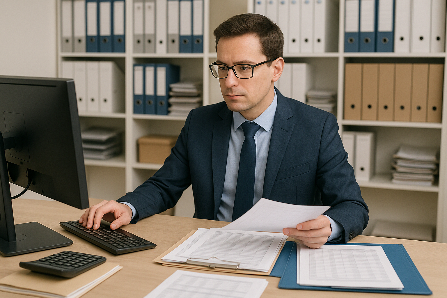 Un Segretario Coordinatore Amministrativo seduto a una scrivania, mentre organizza e gestisce documenti amministrativi e contabili in un ufficio ordinato. Sullo sfondo, ci sono scaffali con cartelle e documenti, mentre il professionista utilizza un computer per aggiornare un sistema di archiviazione digitale.