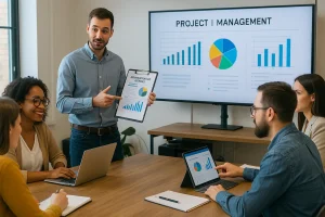 Un’aula di formazione in cui i partecipanti seguono un modulo sulla gestione amministrativa. Un insegnante sta spiegando una procedura amministrativa a un gruppo di adulti seduti, con materiali didattici e documenti visibili sui tavoli.