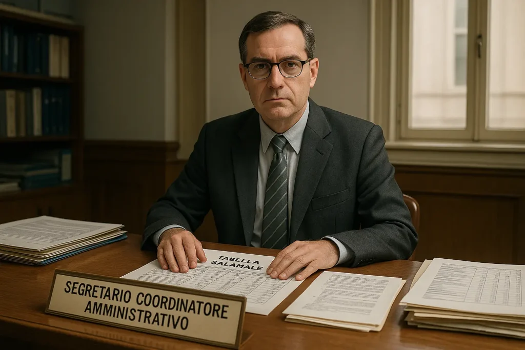 Scena di un Segretario Coordinatore Amministrativo all’interno di una scuola, con documenti e tabelle salariali visibili su una scrivania.
