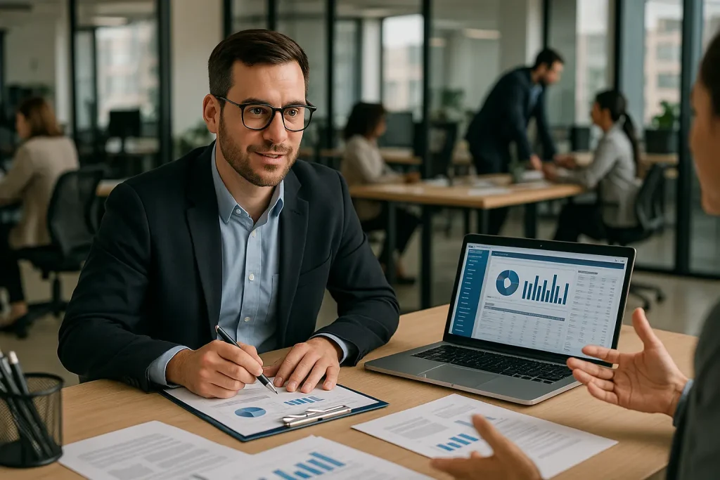 Un Segretario Coordinatore Amministrativo in un’azienda privata di medie dimensioni. L’immagine deve rappresentare un ambiente lavorativo moderno con documenti aziendali, tecnologie digitali e un’atmosfera dinamica.