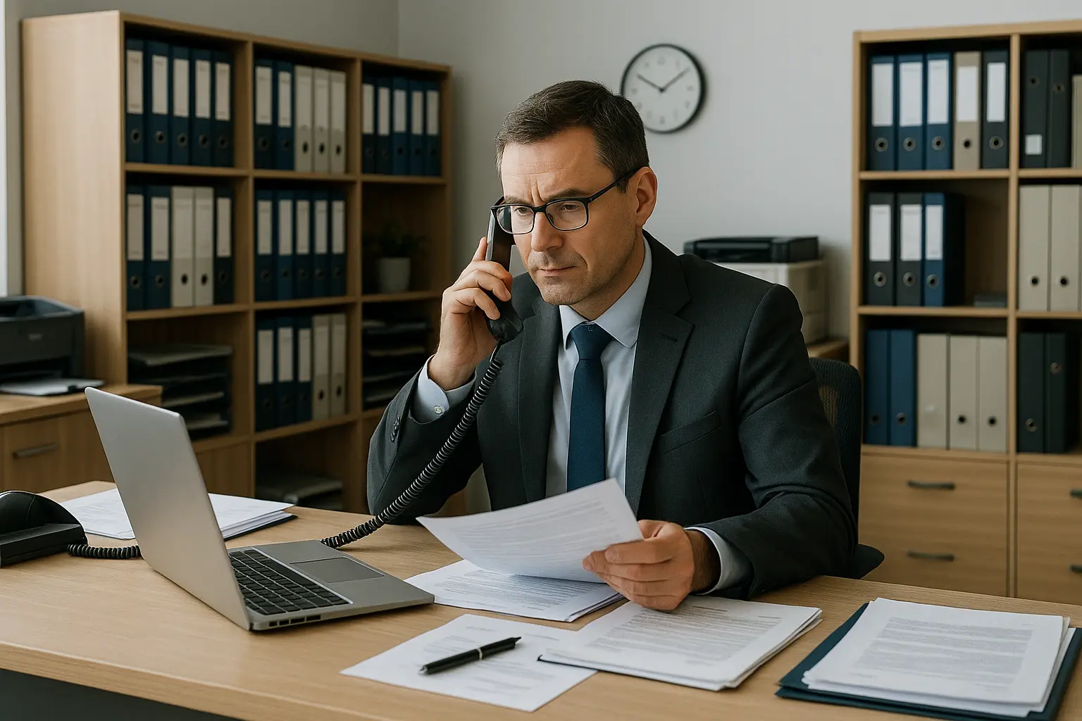 Un Segretario Coordinatore Amministrativo in un ufficio scolastico o pubblico, seduto alla sua scrivania, mentre risponde a una chiamata telefonica. L’ambiente deve è formale ma moderno, con archivi e attrezzature adeguate. L’immagine deve trasmettere competenza, serietà e responsabilità.