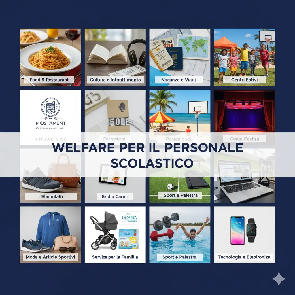Foto divisa in 8 parti con i vari settori merceologici relativi al decreto e al centro la scritta "Welfare per il Personale Scolastico"
