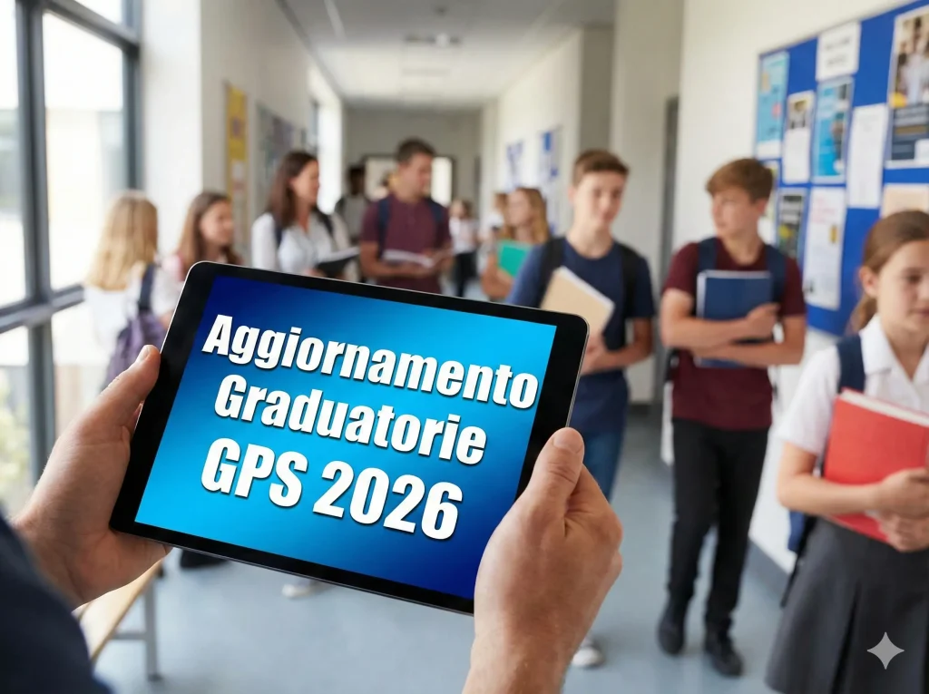 Un tablet in primo piano con la scritta "Aggiornamento Graduatorie GPS 2026". Sullo sfondo studenti in un corridoio scolastico
