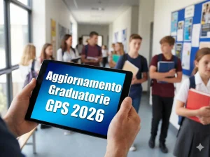Un tablet in primo piano con la scritta "Aggiornamento Graduatorie GPS 2026". Sullo sfondo studenti in un corridoio scolastico