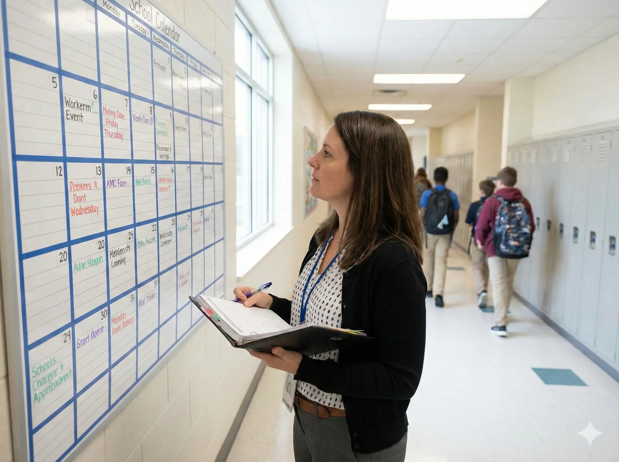 Aggiornamento Graduatorie GPS 2026: docente consulta il calendario scolastico affisso nel corridoio di una scuola