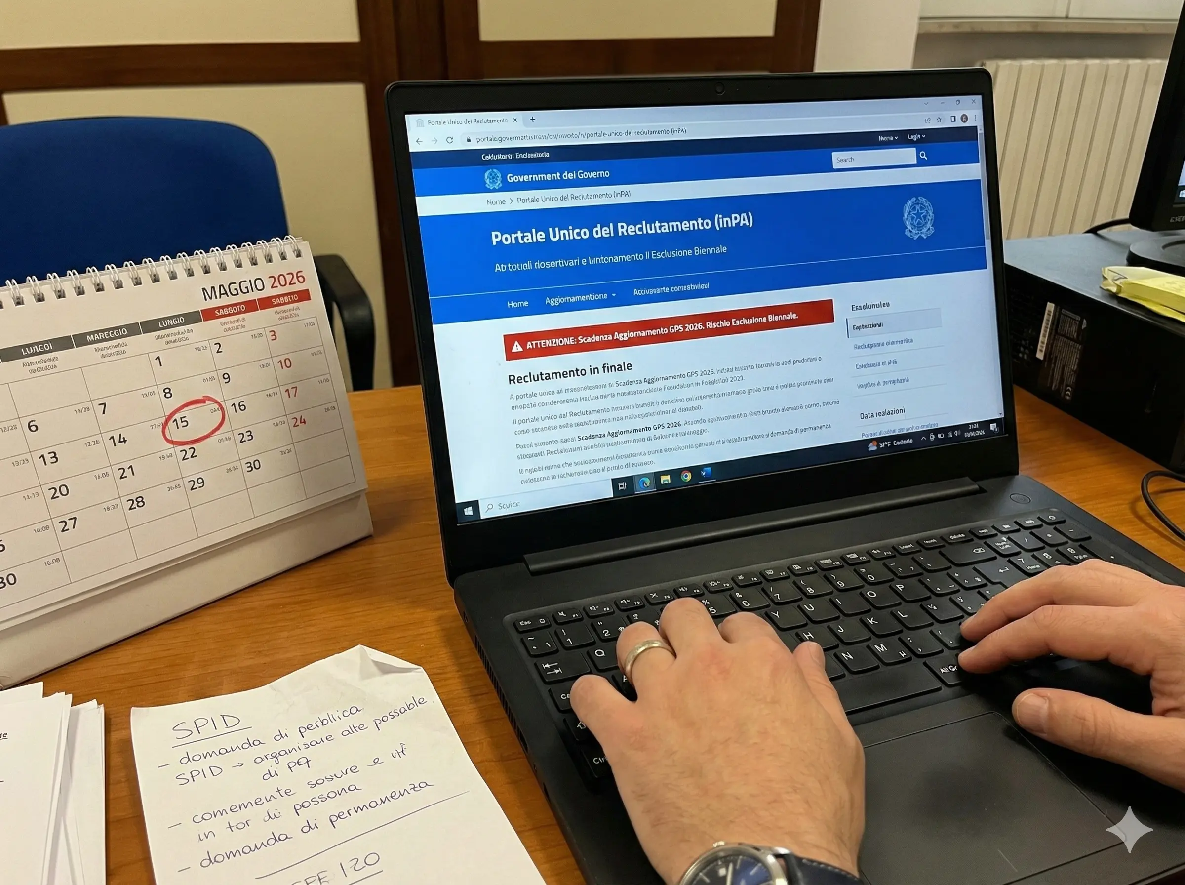 Un docente (del quale si vedono solo le mani) davanti al pc sul sito inPA per compilare l'istanza