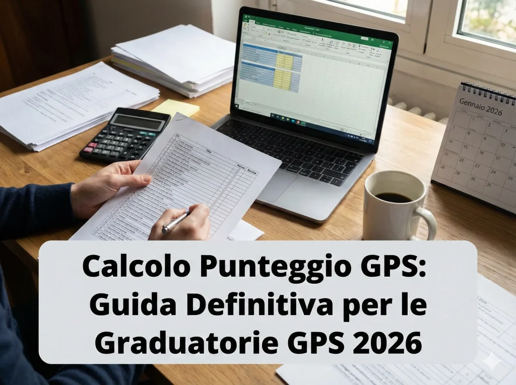 Docente davanti ad un pc con certificazioni e titoli. In primo piano: "Calcolo Punteggio : Guida Definitiva per le Graduatorie GPS 2026GPS:
